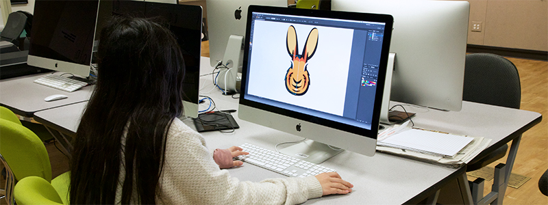 Female student working on a computer. Female student working on a computer.