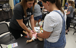 Two Students Performing CPR On A Baby Manikan Two Students Performing CPR On A Baby Manikan