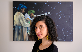 A Woman Standing Infront of a Painting of Stars A Woman Standing Infront of a Painting of Stars